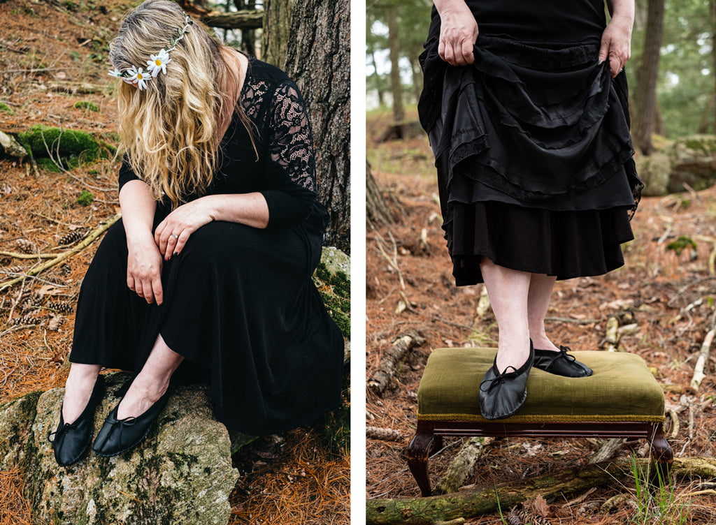 Forest Woman in black with black ballet mocs vintage flower child hippy look