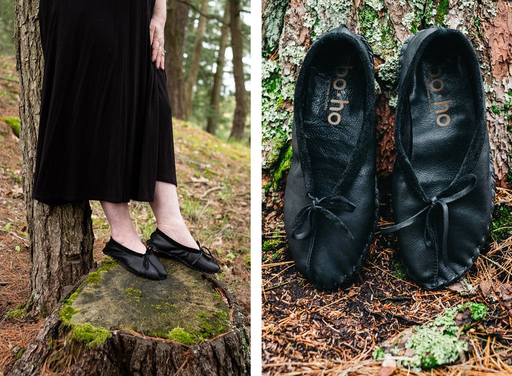 forest bathing earthing in woods with ballet moccasins vintage natural organic looking