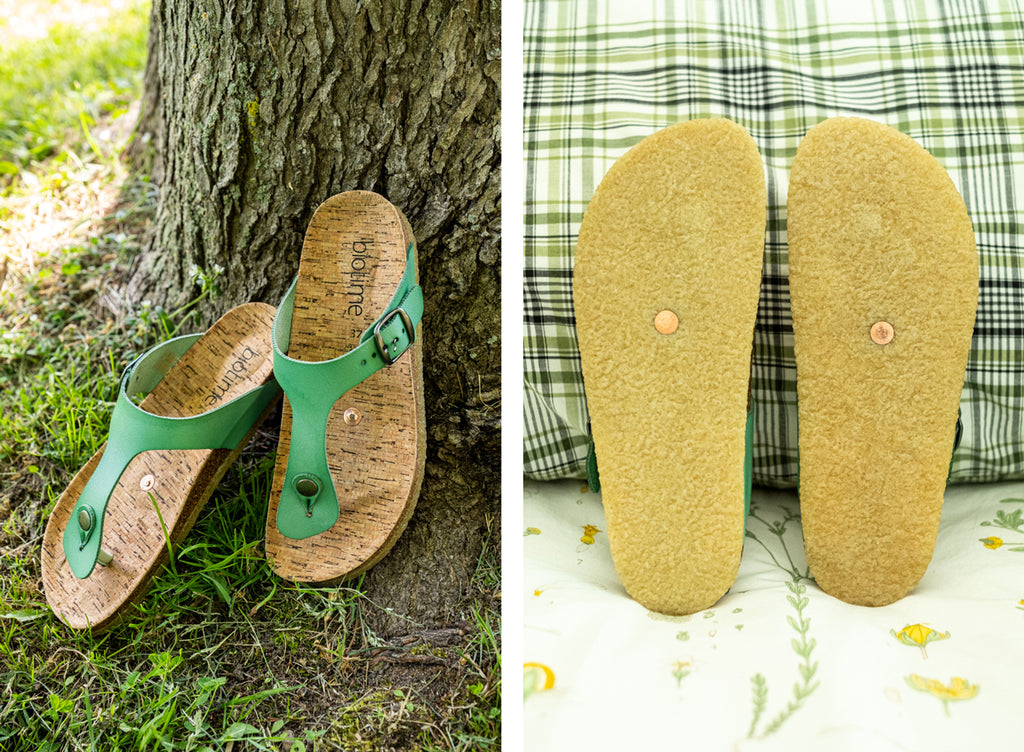 Sandals shoes with copper rivet inserted into footbed for earthing grounding