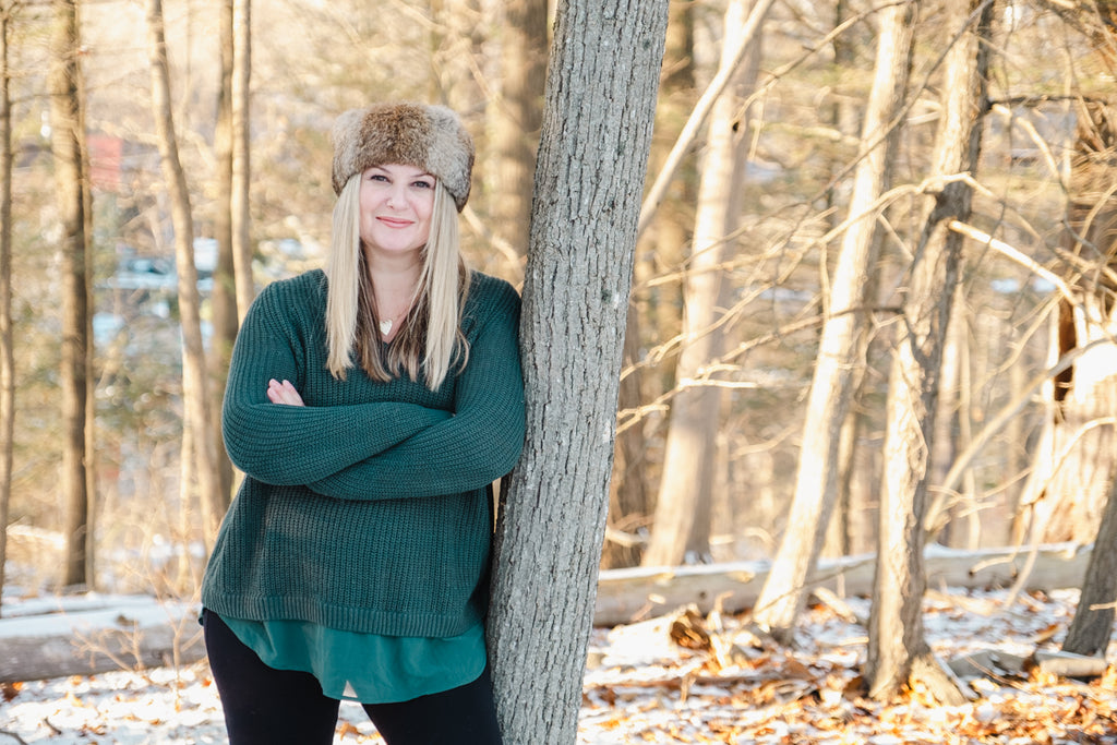 women's rabbit fur headband, woman in the winter woods