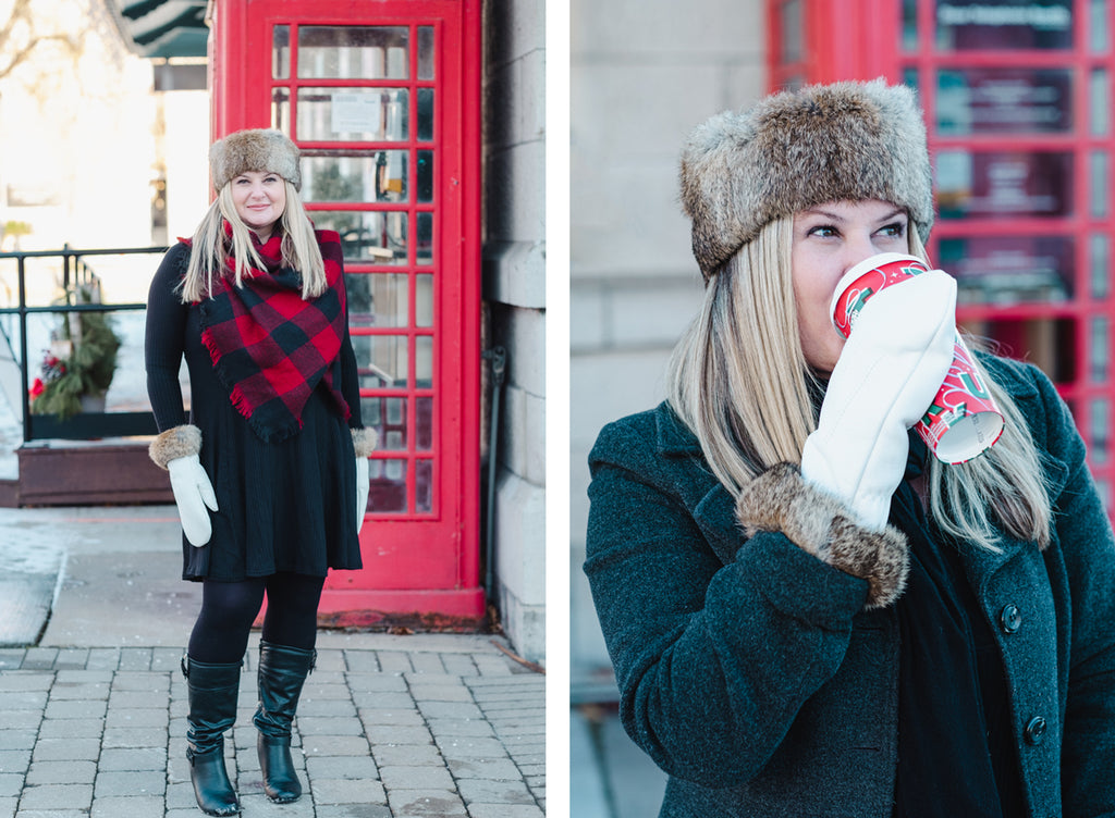 Rabbit fur headband and mittens sipping warm coffee in the winter
