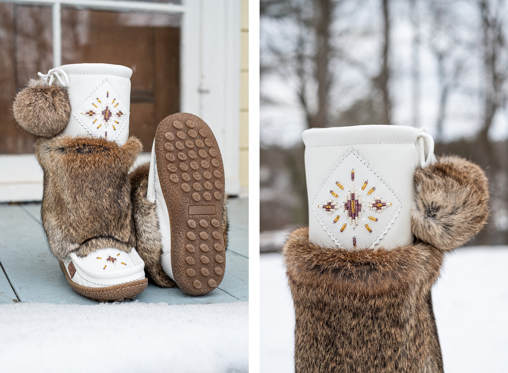 durable rubber sole and beautiful beading on a pair of Canadian made mukluks