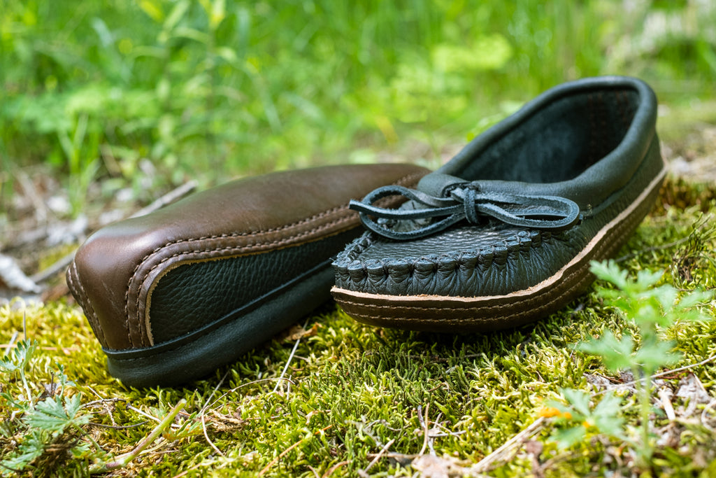 Black leather moccasins with leather sole perfect for earthing