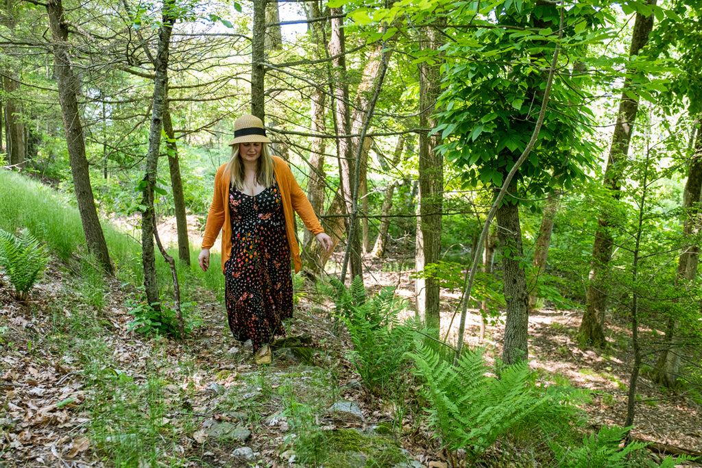 walking in the wood with a pair of earthing moccasins shoes