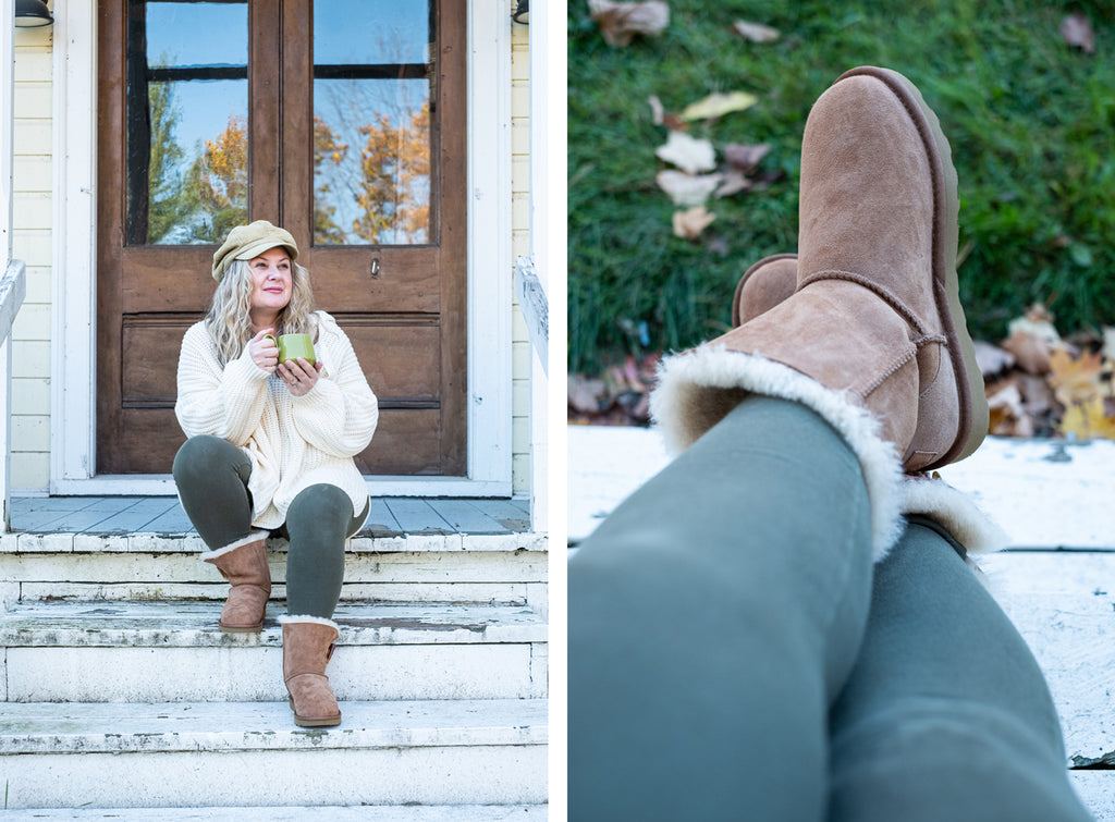Woman wearing a pair of UGG style sheepskin boots