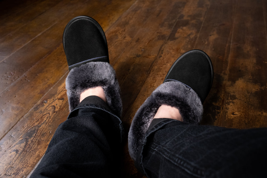 men's garneau sheepskin slippers black suede and grey fur