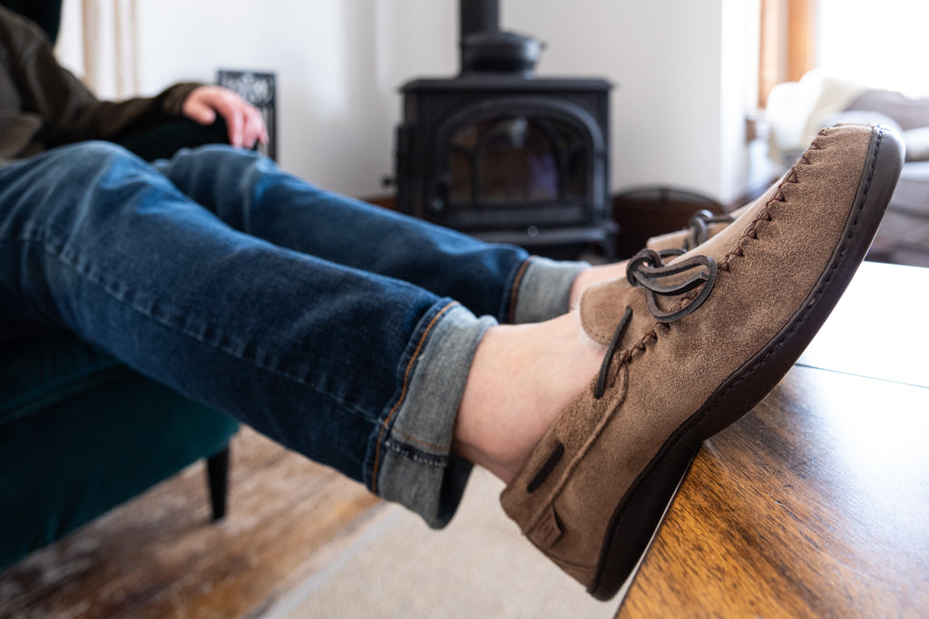 Laurentian Chief moccasins with grey suede exterior and rubber sole