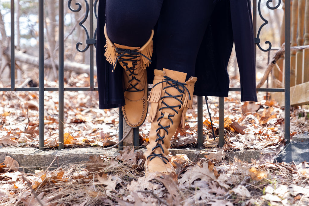 Stylish knee-high lace-up moccasins boots made in Canada authentic indigenous