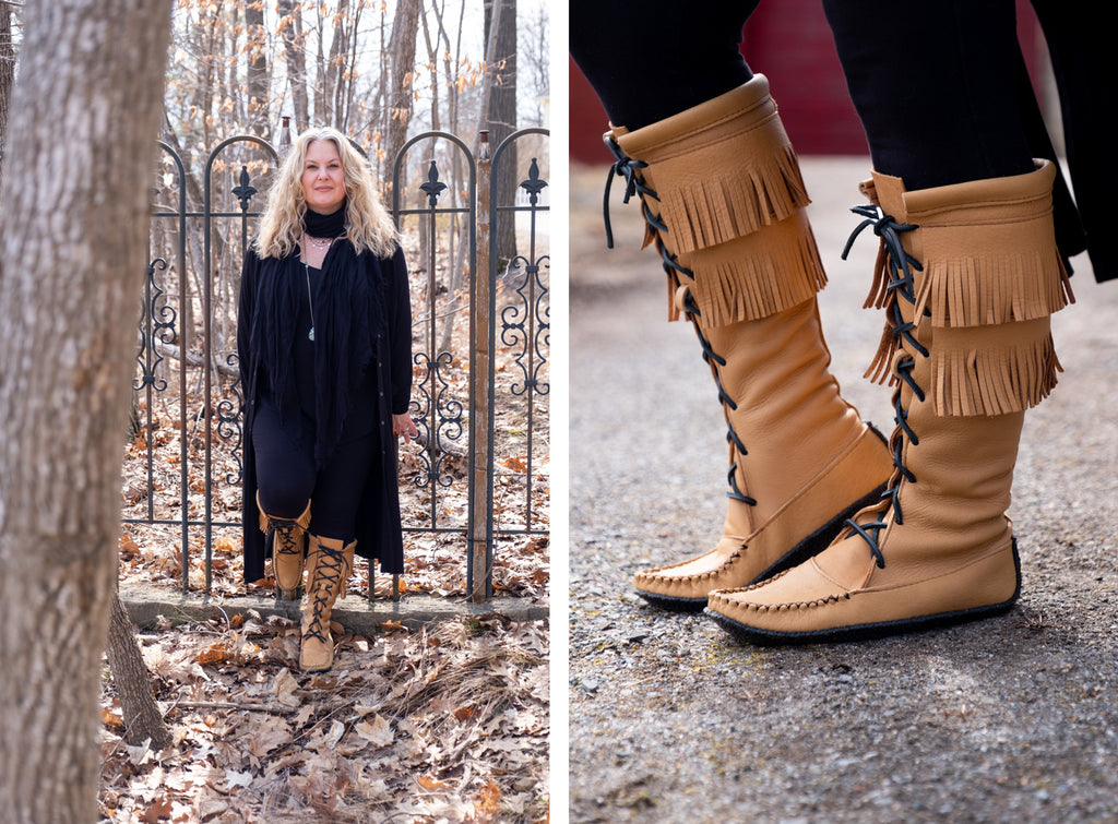 woman wearing authentic Native style knee-high moccasins lace-up fringes