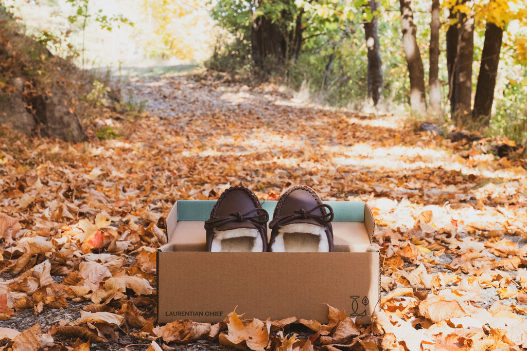 Shoe box with Laurentian Chief moccasins they are quality crafted slippers made in Canada from genuine leather