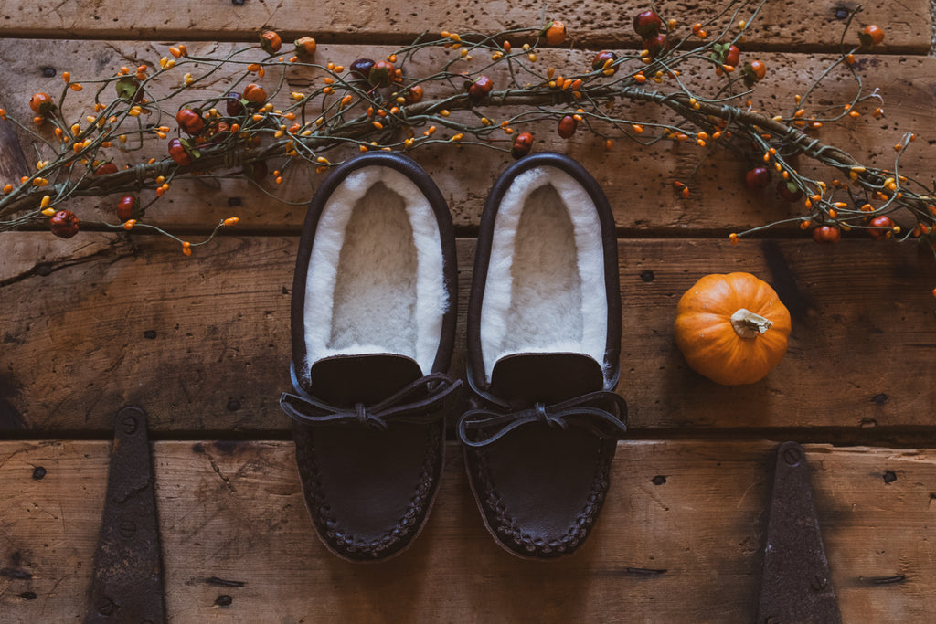 Cozy warm sheepskin slippers made in Canada perfect for fall autumn crisp cool weather