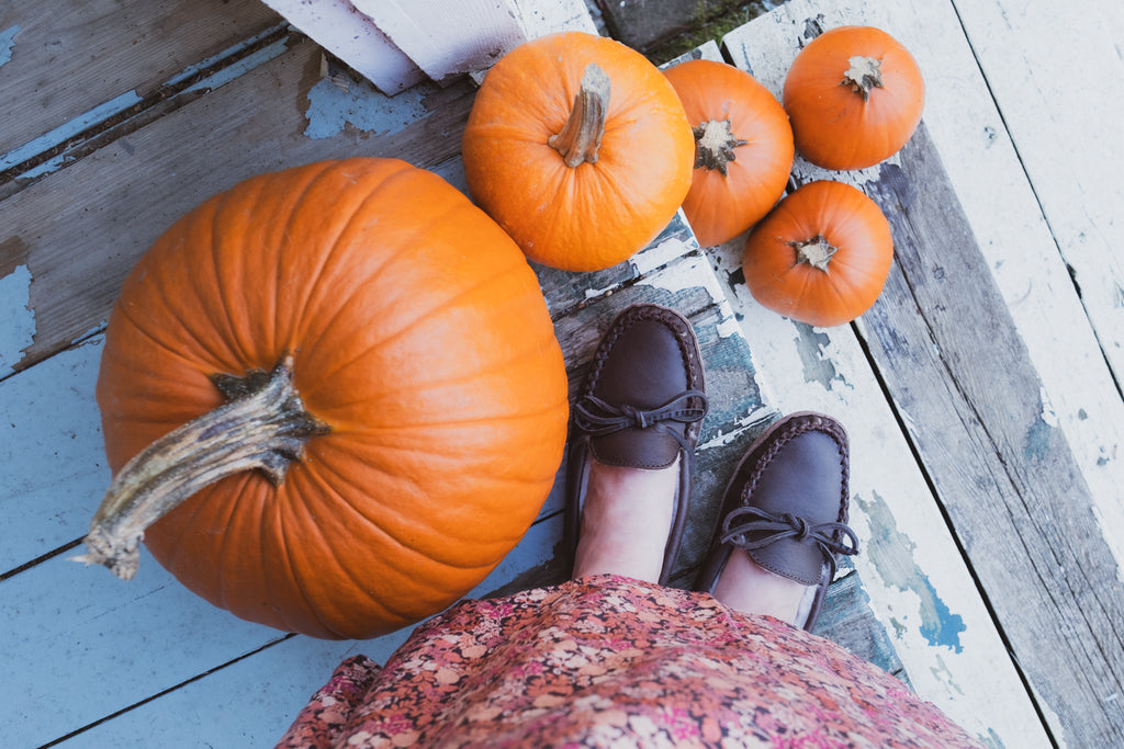 Fall Autumn Pumpkins with cozy moccasins