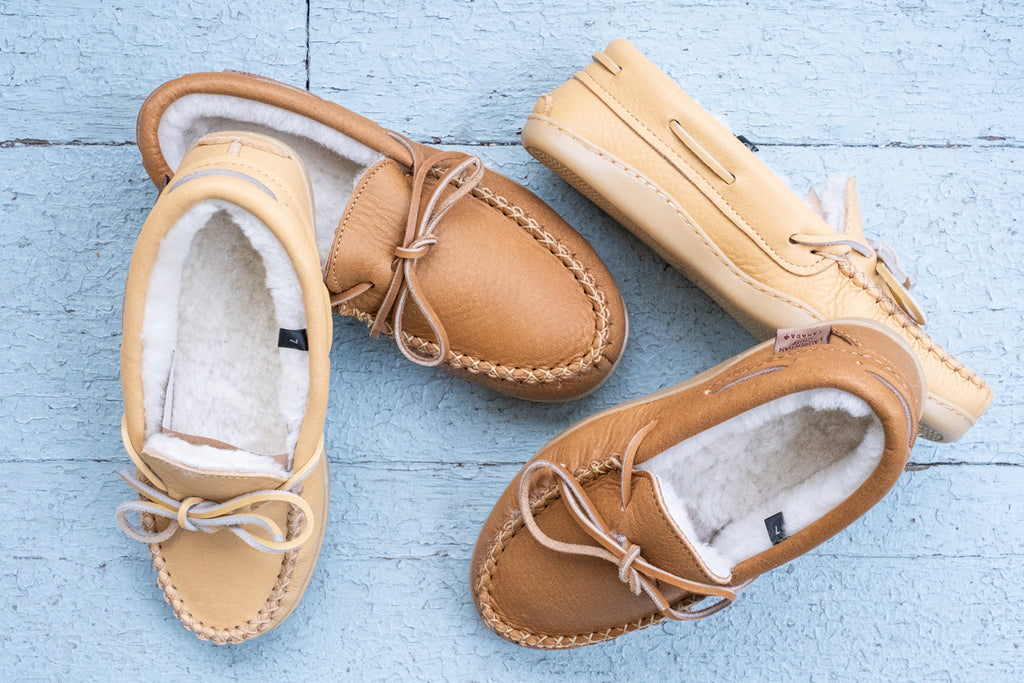 Women's moose hide sheepskin lined moccasins come in cork and natural tan colours