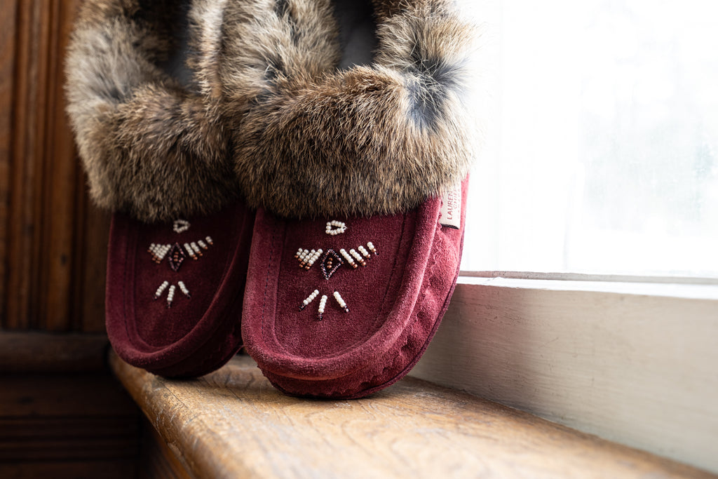 Thunderbird Beaded Rabbit Fur Authentic Moccasins Slippers Made in Canada