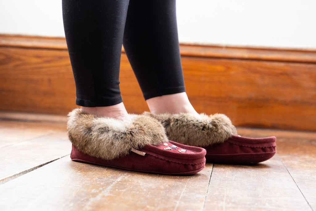 Moccasin Slippers for Indoors with Real Rabbit Fur Collar