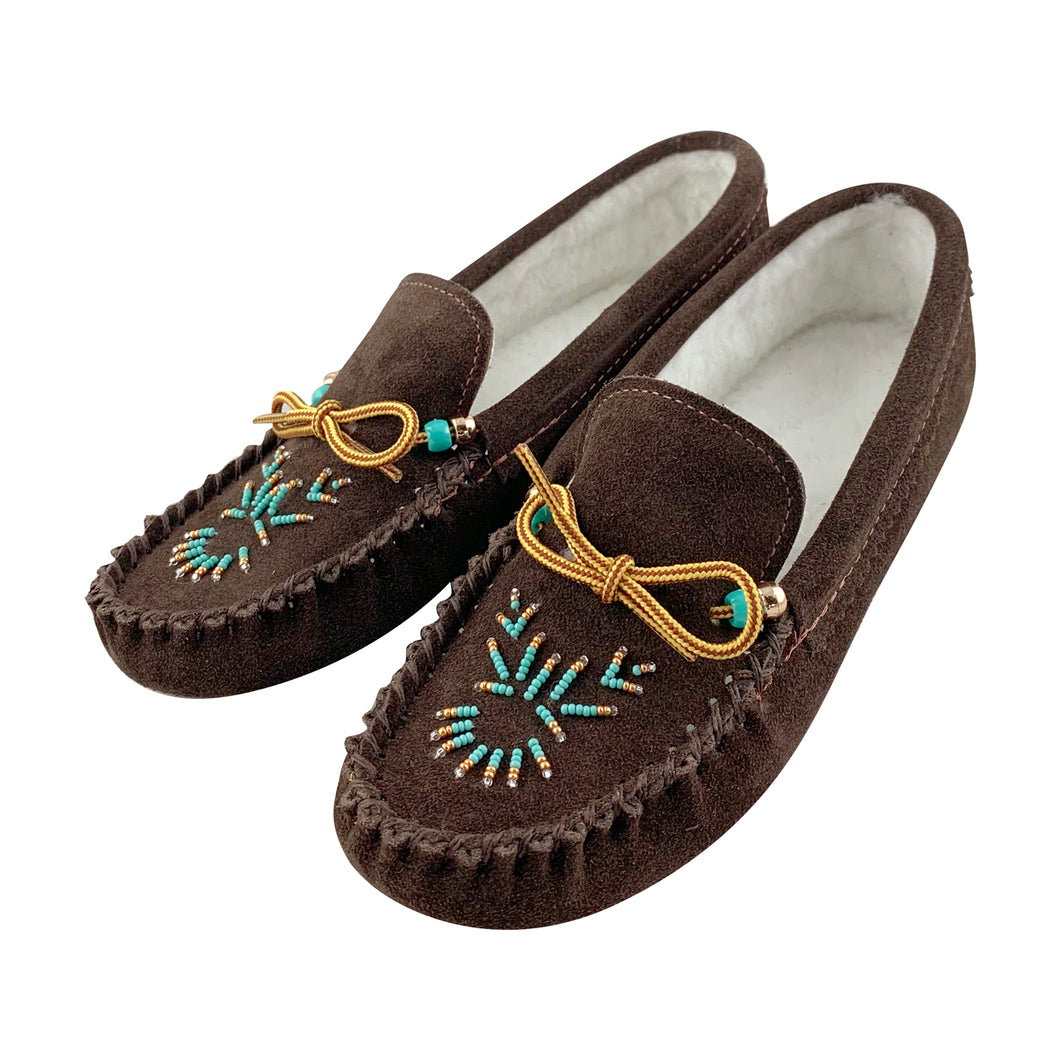 Women's Genuine Leather Fleece Lined Beaded Moccasin Slippers