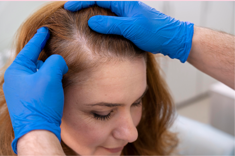 mujer de cabello pelirrojo realizandoce un examen en su cuero cabelludo