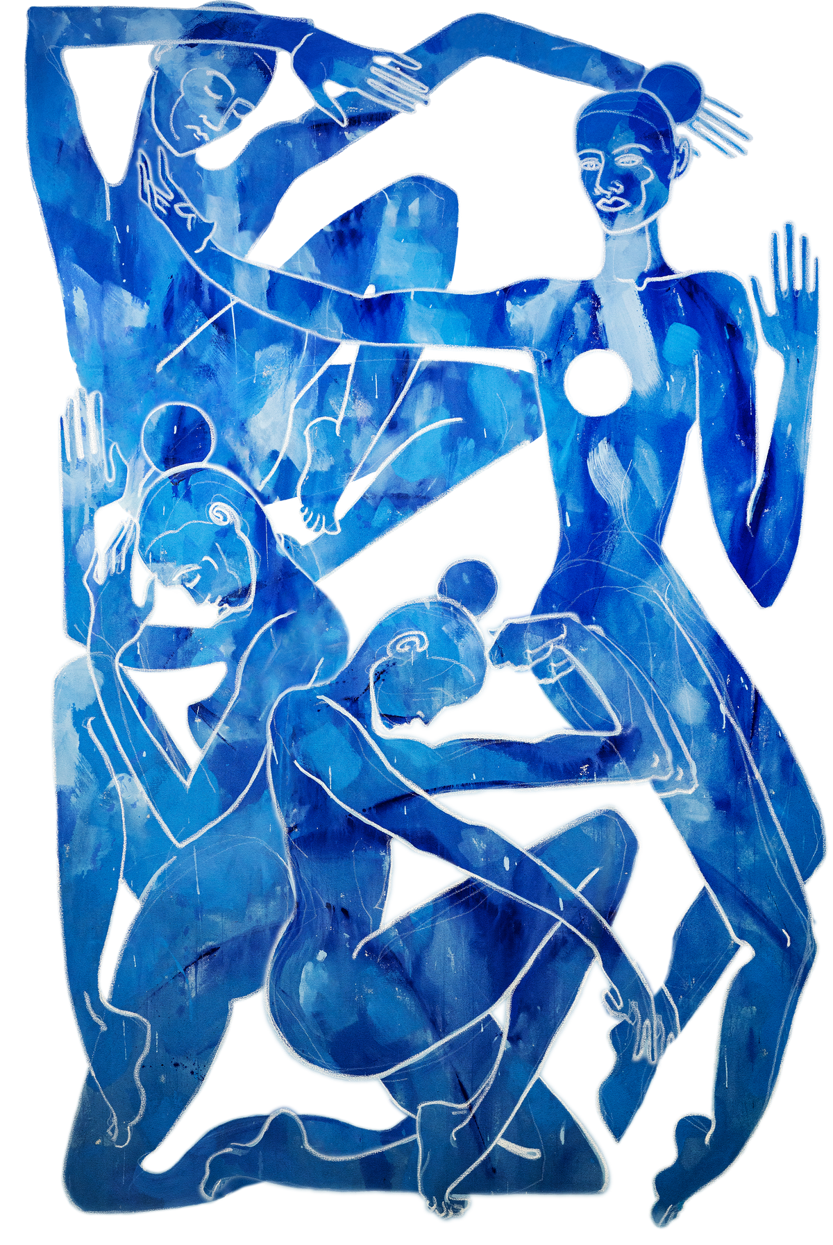 Illustration of abstracted idealized female forms with deep blue painterly fills