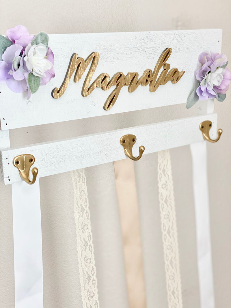 Custom Holder Headband Holder Sign, Personalized Bow, Bow with Flowers, Baby Shower Girl, Girl Nursery Wall Decor – Begonia Rose Co.