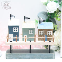 Seaside Style Triple House Ornament On Stilts Rustic Wood With Flags