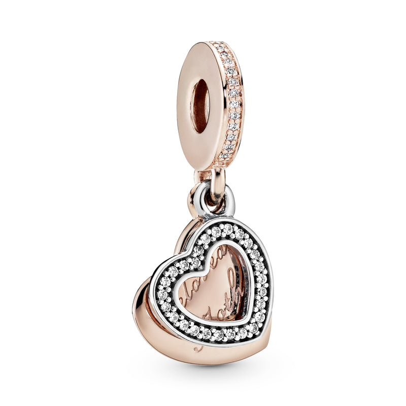 PANDORA Rose heart dangle with engraving Beloved Mother and silver hea ...