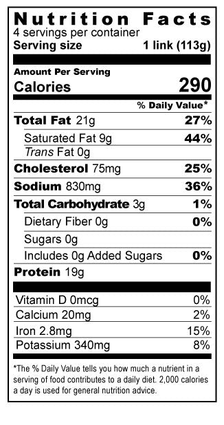 Bison Bratwurst Nutrition Facts Panel