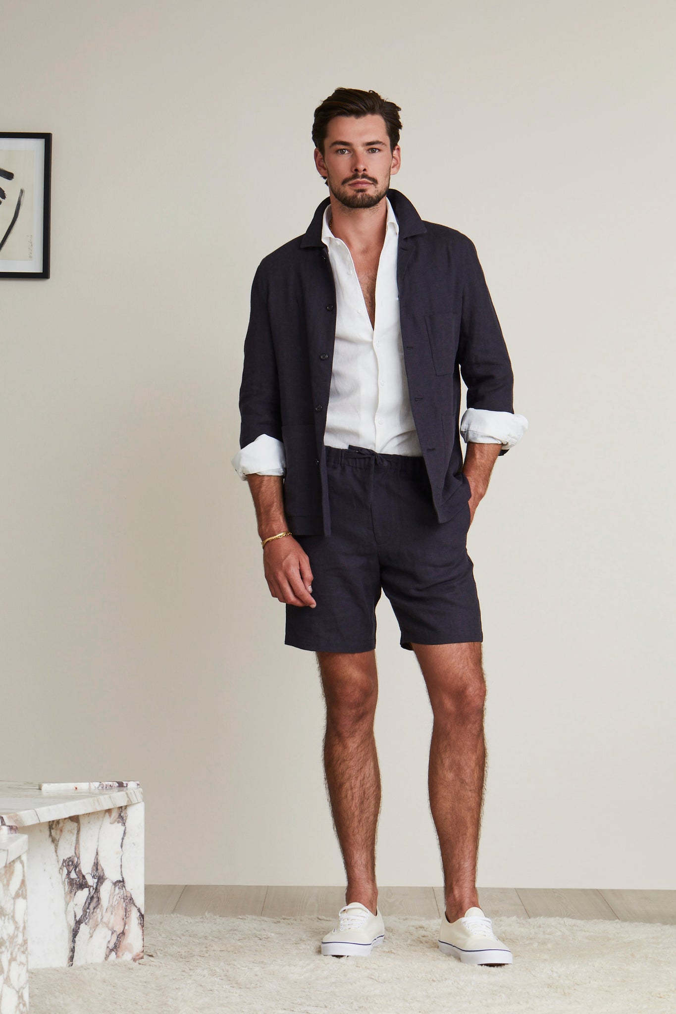 linen shorts and jacket