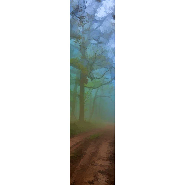 A wide path through the woods has been worn into dirt by people and cars crossing it over the years. Fog veils the distance, making its destination a mystery and bathes the trees lining the path in hues of teal and blue.  Uncertain Path by Alison Thomas of Serenity Scenes Photography and Digital Art