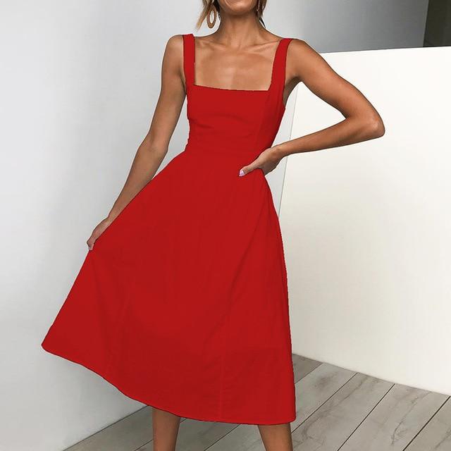 red square neck midi dress