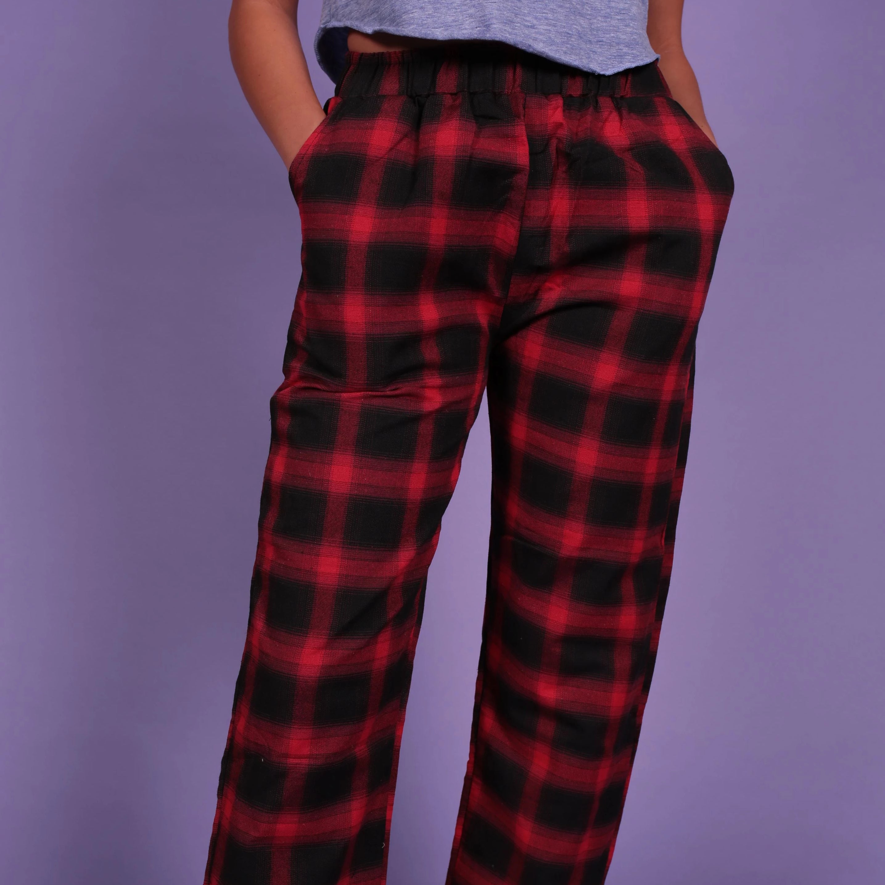 red and black plaid pants