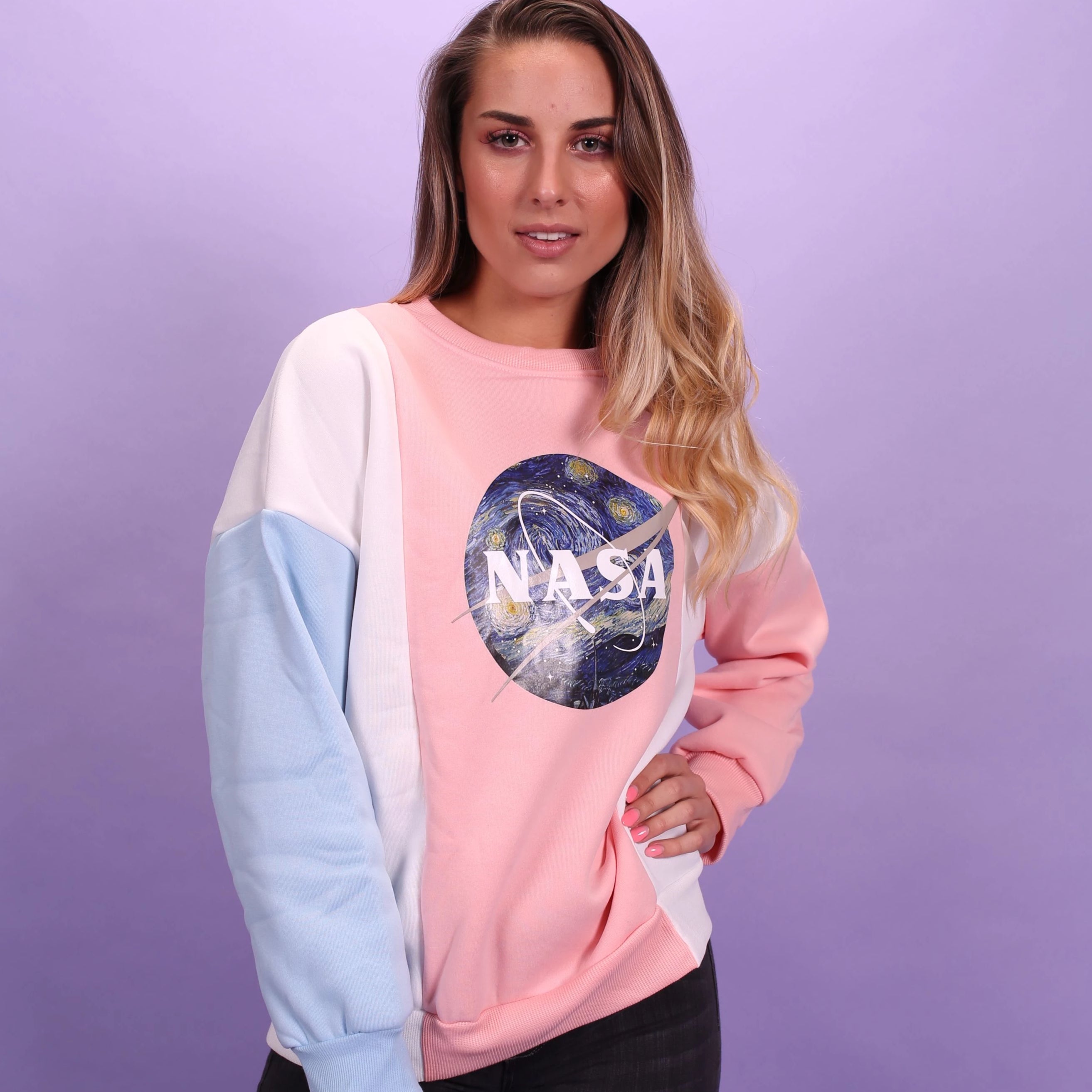 pink and blue nasa sweatshirt