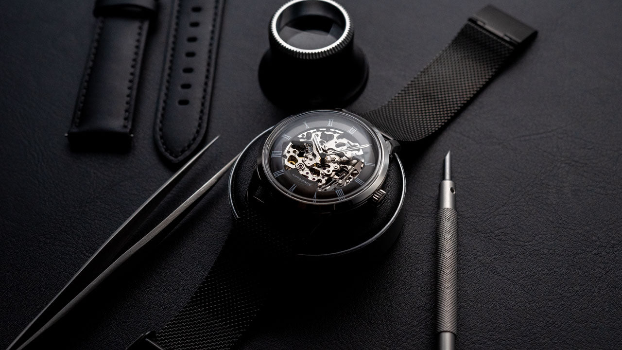 DIY Watchmaking Kit | Mosel Lite - Brunette Skeleton vintage dress watch w/ Miyota 8N24 And EONIQ Black Mesh Band