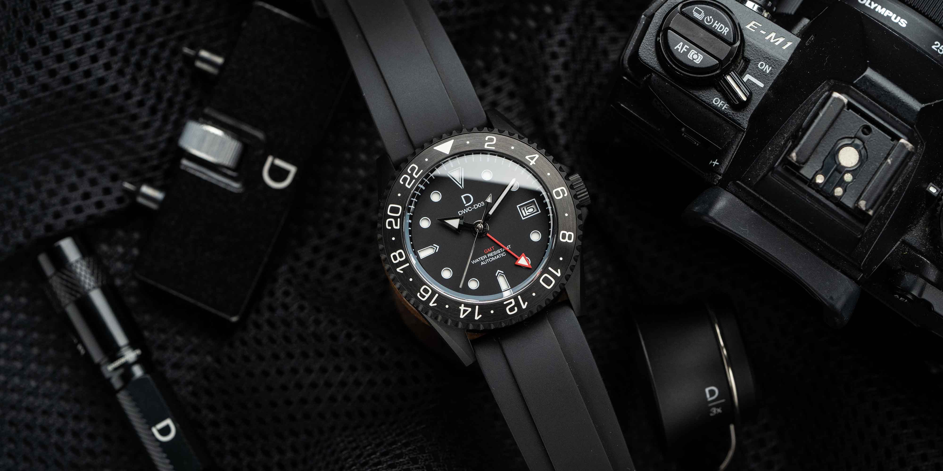 All black GMT automatic watch. PVD case, sapphire crystals, Seiko GMT movement