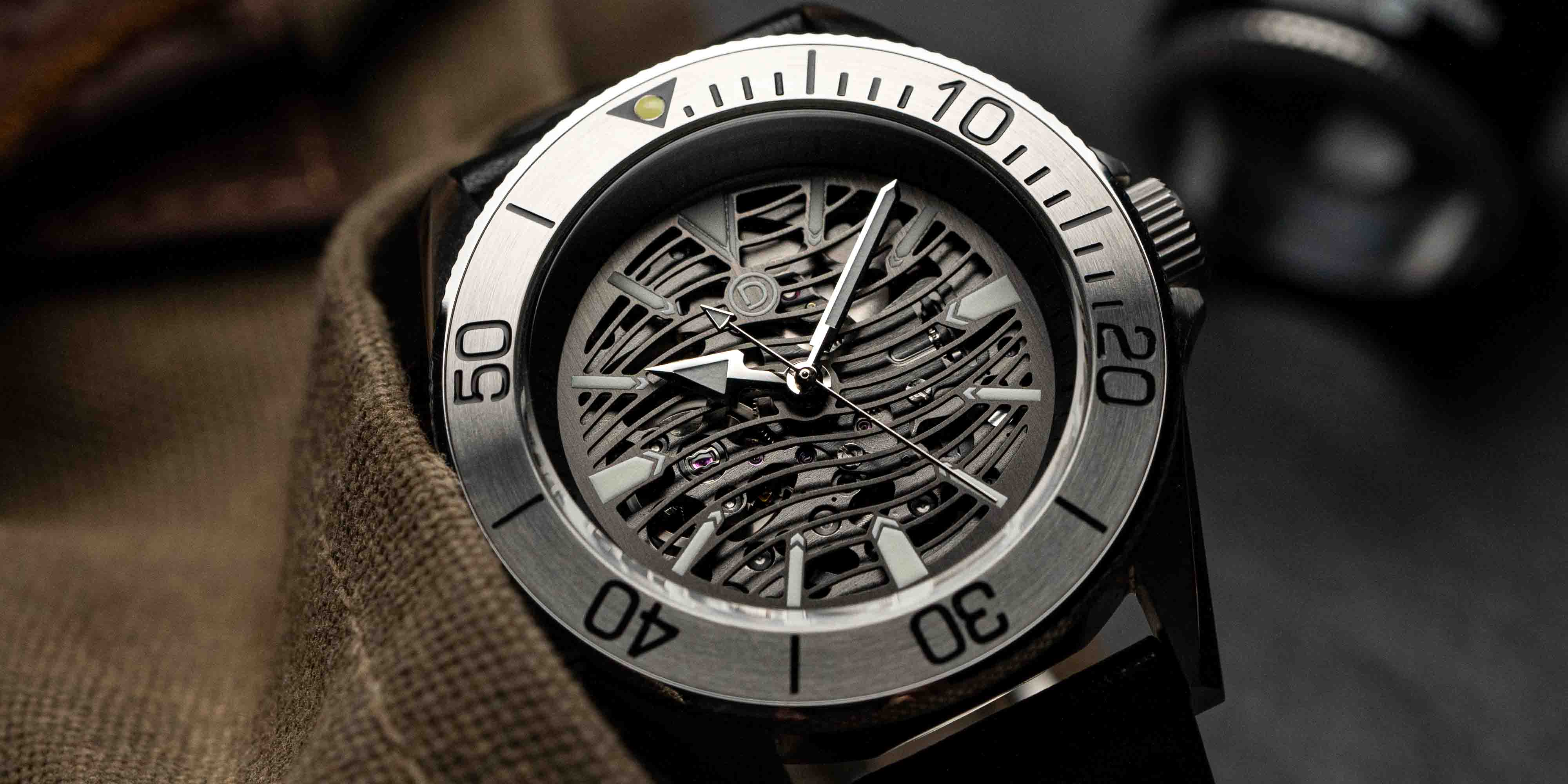 Skeleton movement TMI NH72 in DIY Watch Club diver skeleton watch