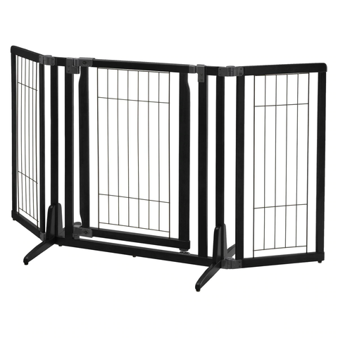 free standing black wooden dog gate