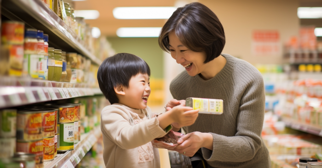 A mother showing her son that eating healthy means reading nutrition labels