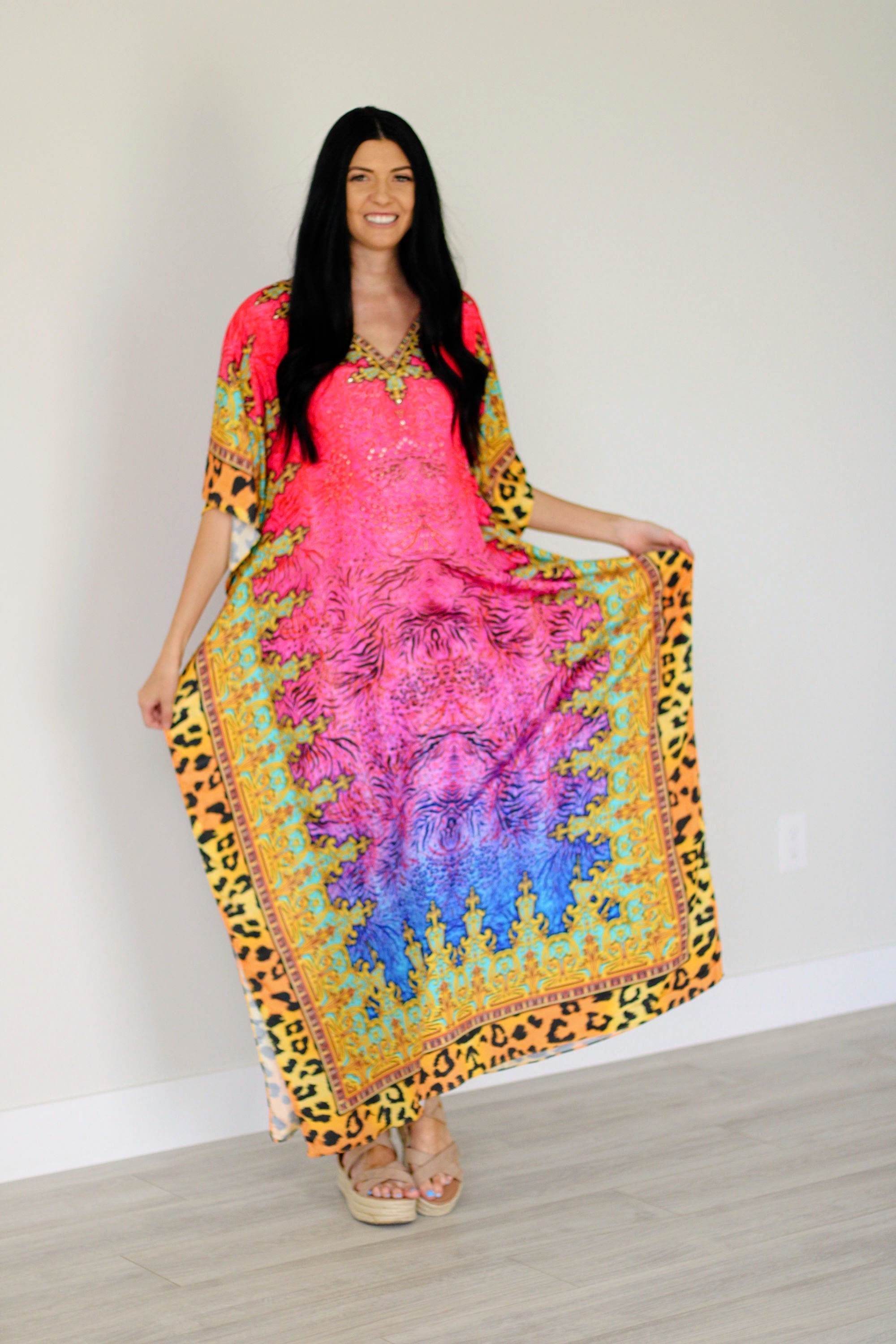 Tropical Caftan Dress in pink – kaftanbuzz