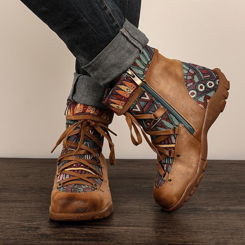 casual comfy genuine leather splicing jacquard lace up zipper flat boots