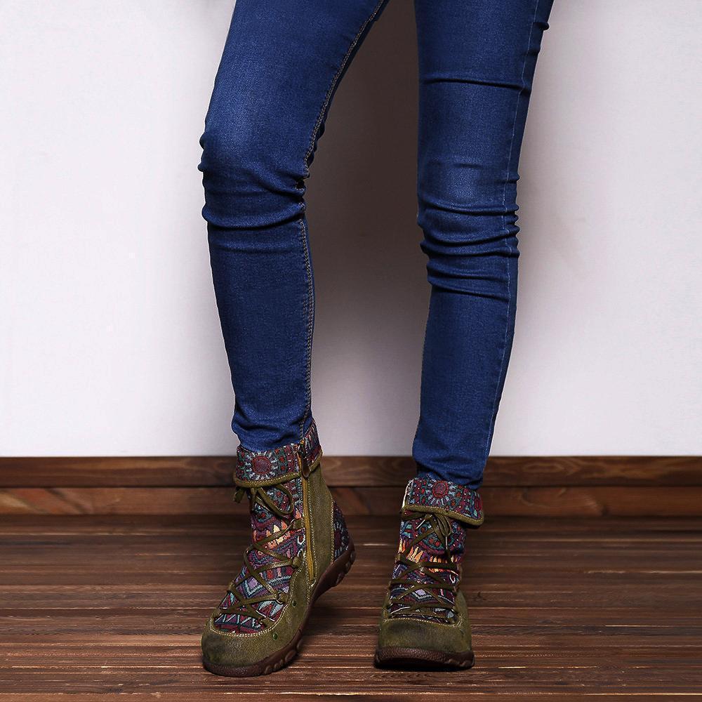 casual comfy genuine leather splicing jacquard lace up zipper flat boots