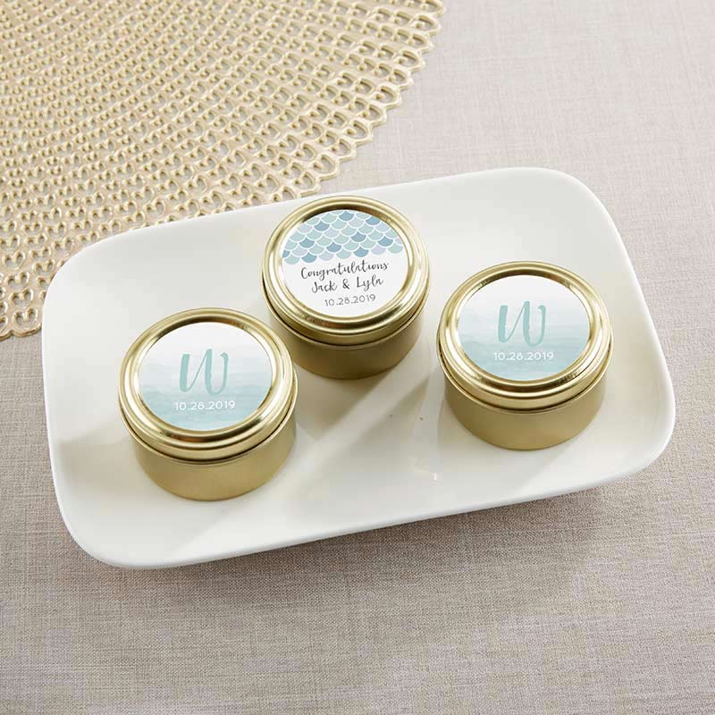 Personalized Gold Round Candy Tin - Seaside Escape (Set of 12)