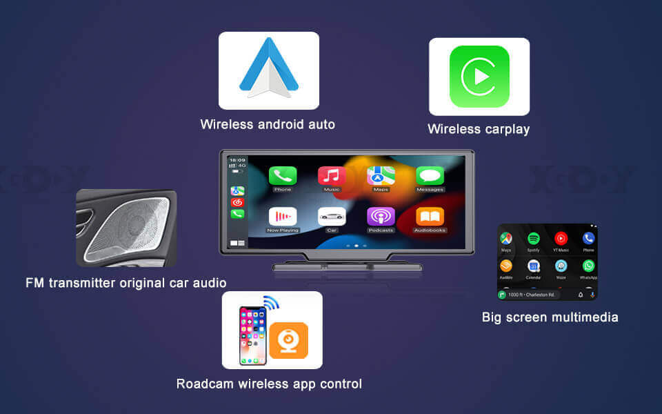 Wireless android auto, Wireless carplay, FM transmitter original car audio, Big screen multimedia, Roadcam wireless app control