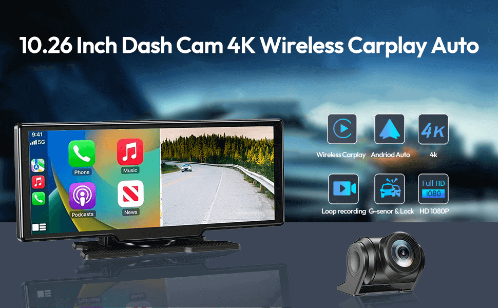 10.26 Inch Dash Cam 4K Wireless Carplay Auto