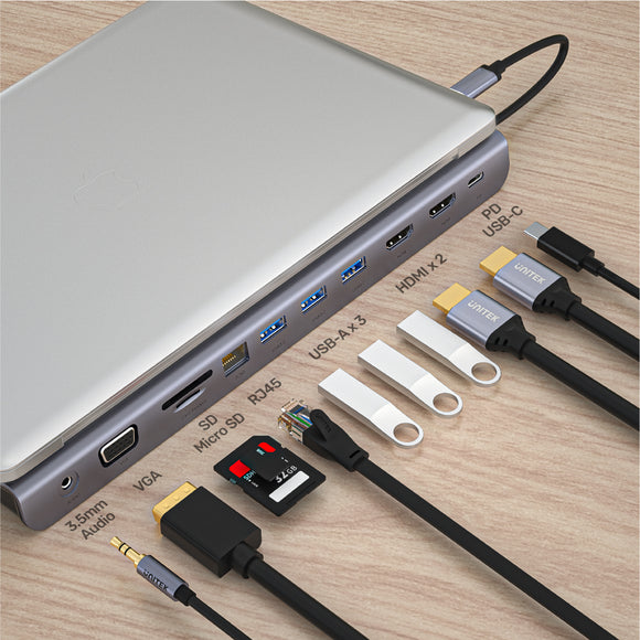 uHUB 11+ 11-in-1 USB-C Ethernet Hub with MST Triple Monitor (Dual HDMI),  100W PD, Dual Card Reader