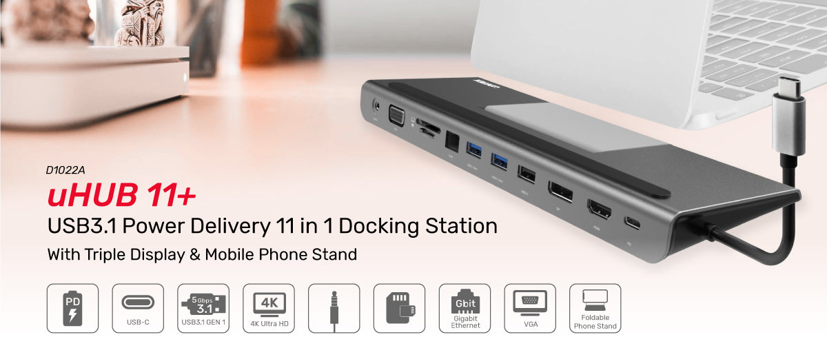 Unitek uHUB 11+ USB3.1 Power Delivery 11 in 1 Docking Station with Triple Display & Foldable Stand