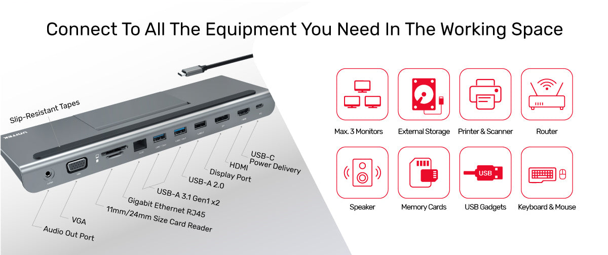 Unitek uHUB 11+ USB3.1 Power Delivery 11 in 1 Docking Station with Triple Display & Foldable Stand