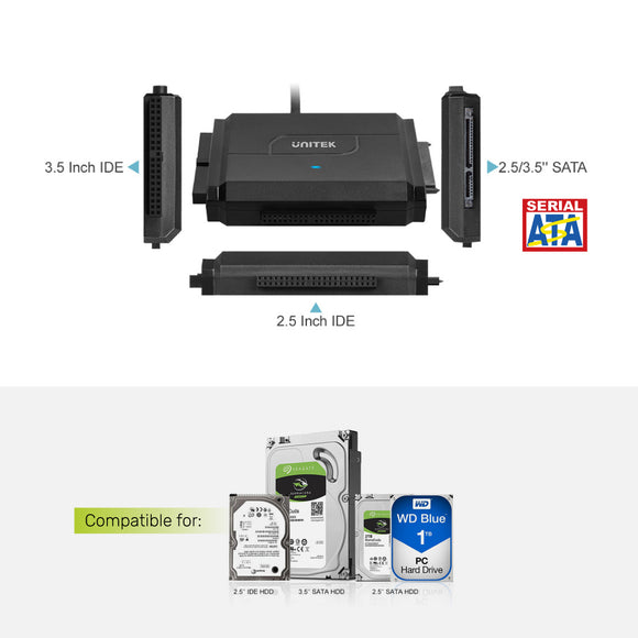 Unitek IDE/SATA to USB C 3.0 Adapter, Universal IDE Hard Drive Little  Triangle pro Converter for 2.5/3.5 Inch IDE and SATA External HDD/SSD,  Support