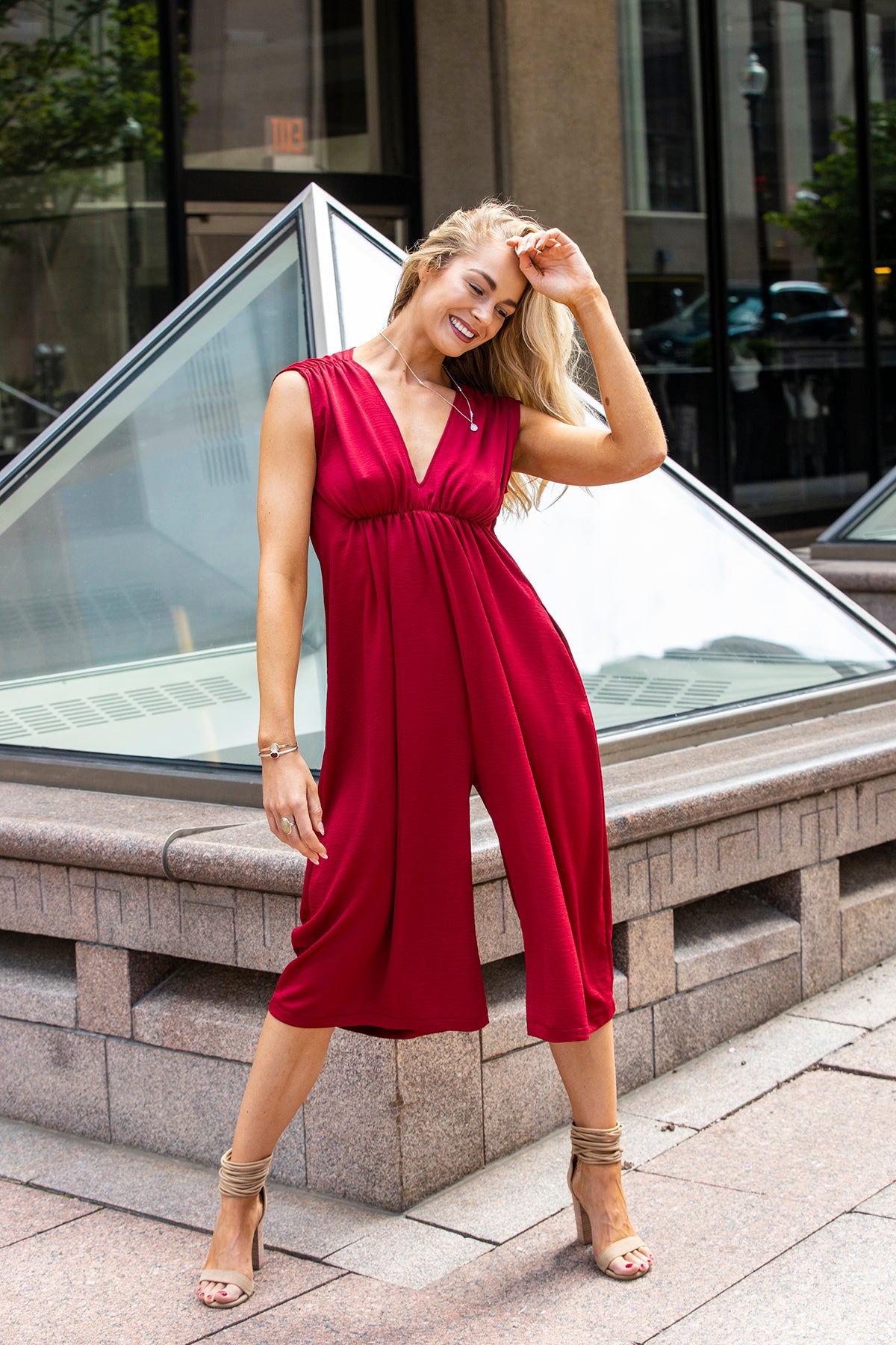 red polyester jumpsuit