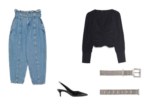Bol jean pantalon, siyah crop bluz, toplu terlik ve parlak gümüş kemer kolajı