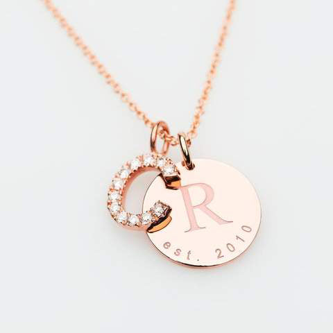 9ct Gold Custom Engraved Disc with Diamond Initial Pendant