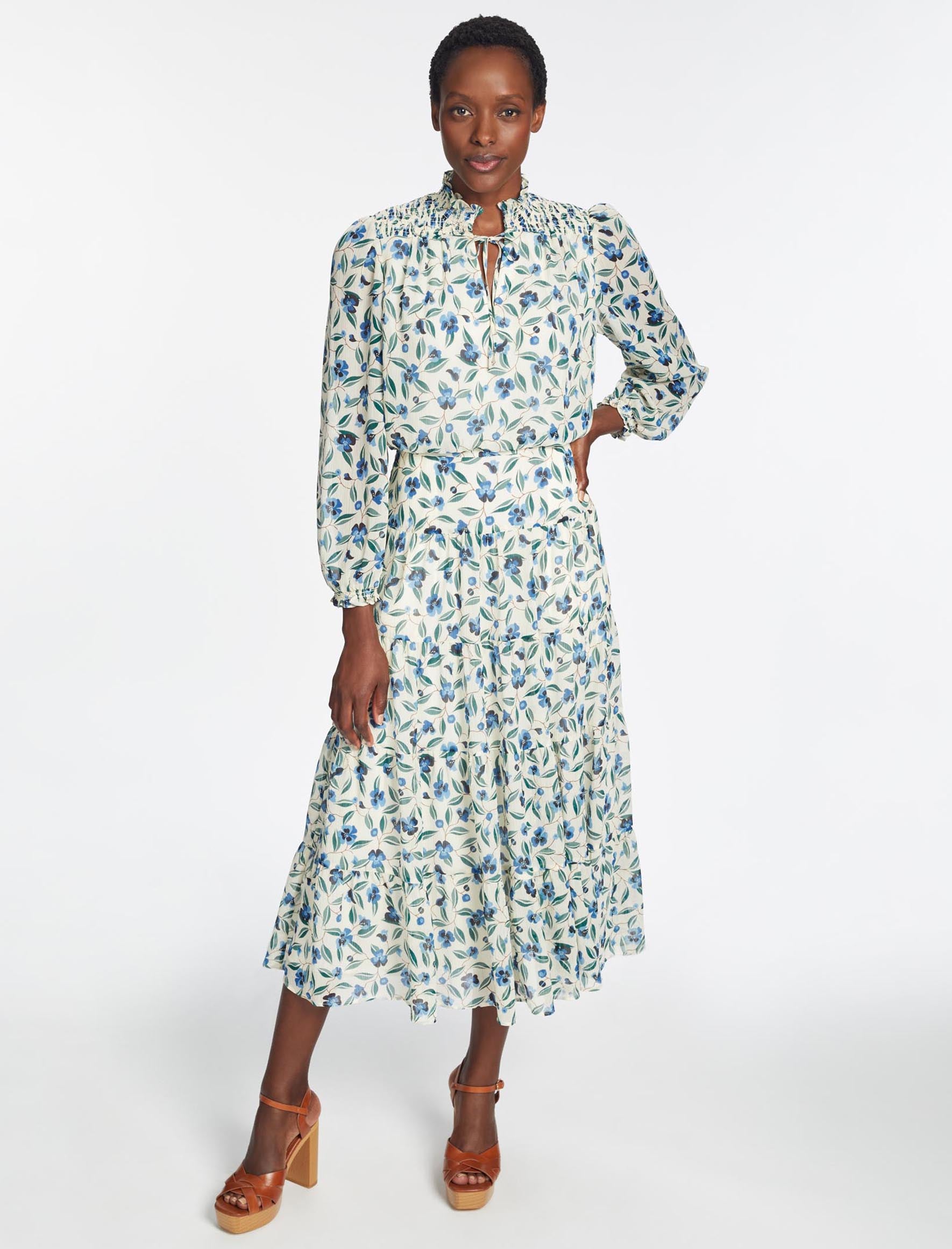 Cefinn Zoe Maxi Dress - Cream Blue Deco Floral Print